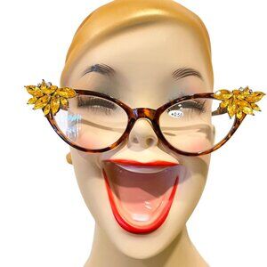 Vintage Vixen Retro Readers tortoise frames with gold rhinestones +.50